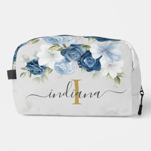 Dusty Blue Floral Monogram Script Waterverf Toilettasje (Voorkant)