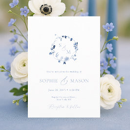 Dusty Blue Floral Monogram Wedding Invitation  Kaart