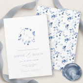 Dusty Blue Floral Monogram Wedding Invitation Kaart
