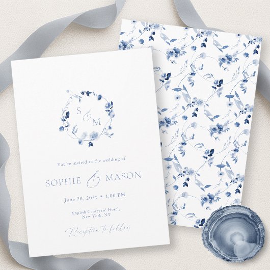 Dusty Blue Floral Monogram Wedding Invitation  Kaart