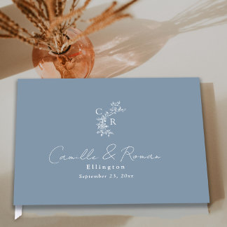 Dusty Blue Floral Monogrammed Calligraphy Wedding Gastenboek