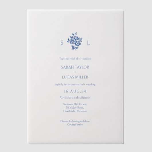 Dusty Blue Floral Monogrammed Floral Wedding Vellum Uitnodigingen (Voorkant)