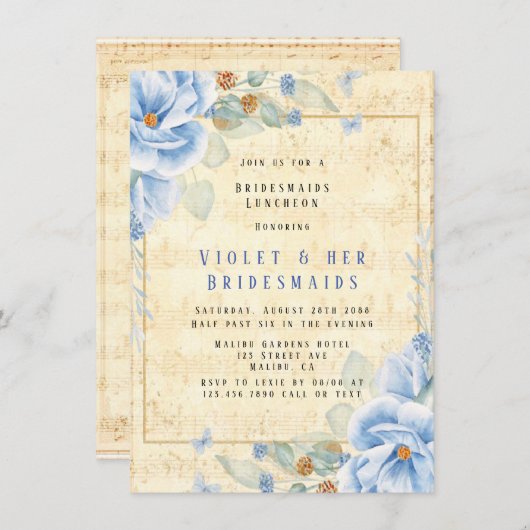 Dusty Blue Floral Musical Bridesmaids Luncheon Kaart (Voorkant / Achterkant)