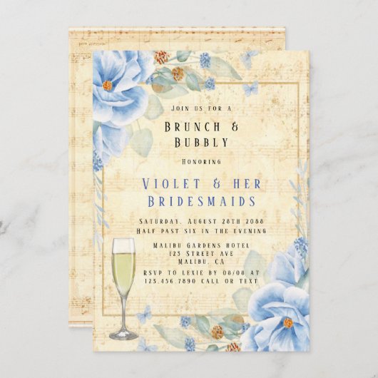 Dusty Blue Floral Musical Brunch & Bubble Kaart (Voorkant / Achterkant)