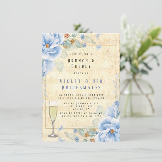 Dusty Blue Floral Musical Brunch & Bubble Kaart (Staand voorkant)