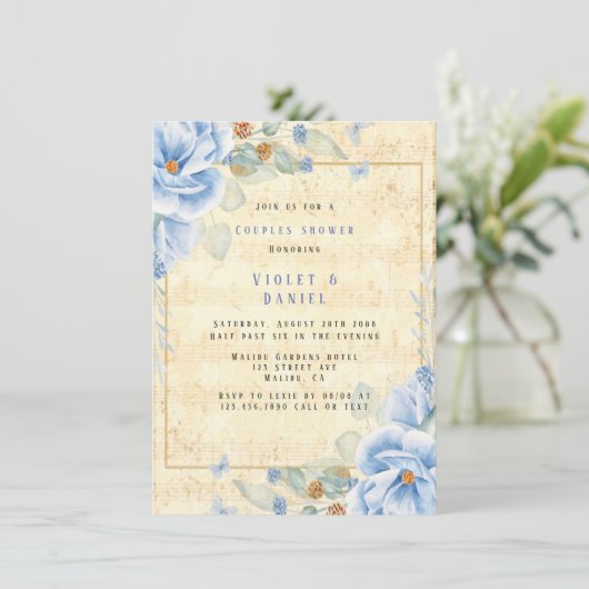Dusty Blue Floral  Musical Couples Kaart (Staand voorkant)