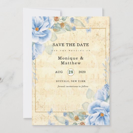 Dusty Blue Floral  Musical Save the Date Kaart (Voorkant)