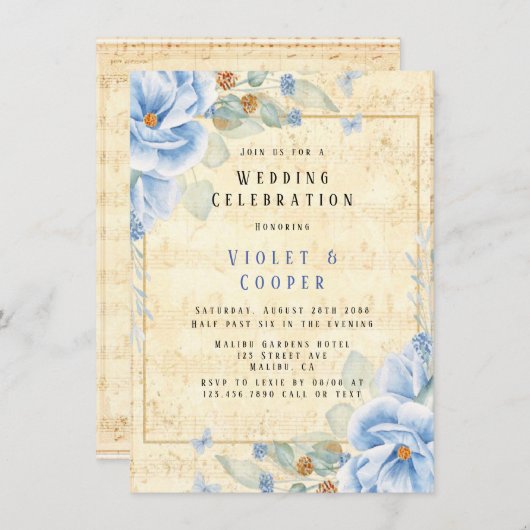 Dusty Blue Floral  Musical Wedding Kaart (Voorkant / Achterkant)