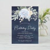 Dusty Blue Floral Navy Blue Verjaardagsfeestje Kaart (Staand voorkant)