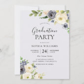 Dusty Blue Floral Navy Graduation Party Kaart (Voorkant)