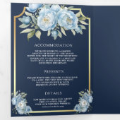 Dusty Blue Floral Navy QR-code Alles in één bruilo Drieluik Uitnodiging (Binnenzijde eerst)