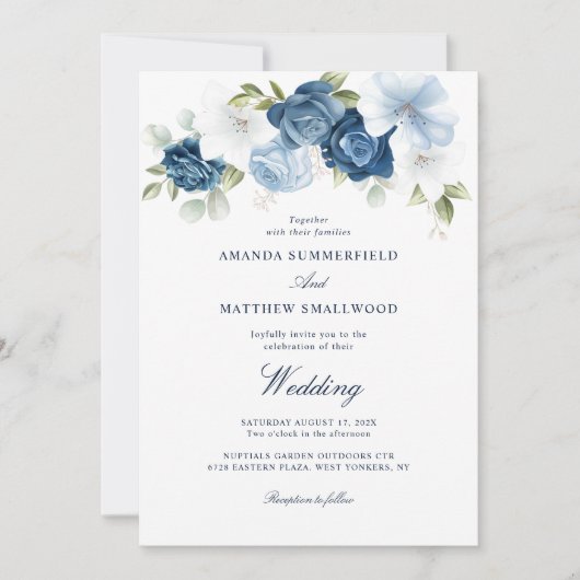 Dusty Blue Floral Navy Script Wedding Kaart (Voorkant)