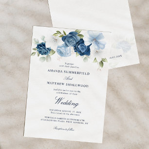 Dusty Blue Floral Navy Script Wedding Kaart