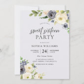 Dusty Blue Floral Navy Sweet 16 Party Kaart (Voorkant)