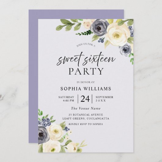 Dusty Blue Floral Navy Sweet 16 Party Kaart (Voorkant / Achterkant)