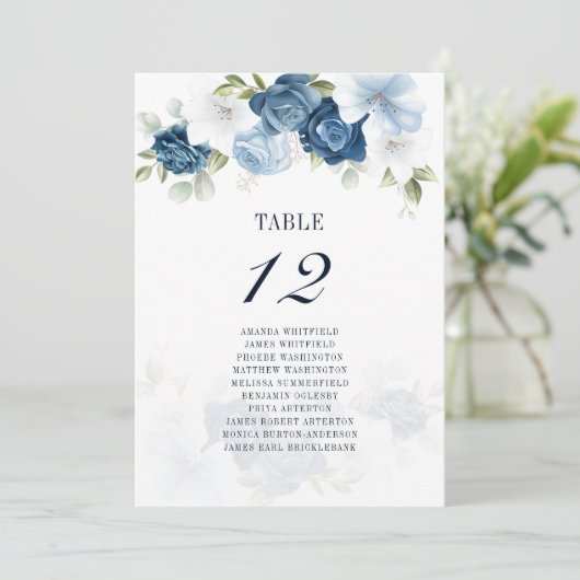Dusty Blue Floral Number 12 Wedding Seating Chart Kaart (Staand voorkant)