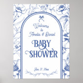 Dusty Blue Floral Ornament Classic Baby shower Poster (Voorkant)