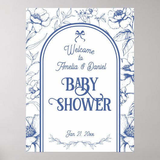 Dusty Blue Floral Ornament Classic Baby shower Poster (Voorkant)
