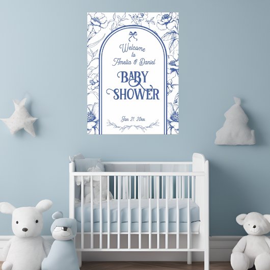 Dusty Blue Floral Ornament Classic Baby shower Poster