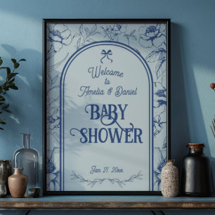Dusty Blue Floral Ornament Classic Baby shower Poster