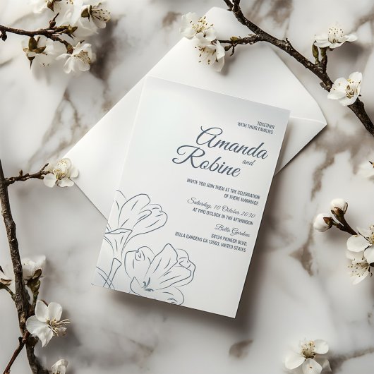 Dusty Blue Floral Outline Huwelijksuitnodiging Kaart