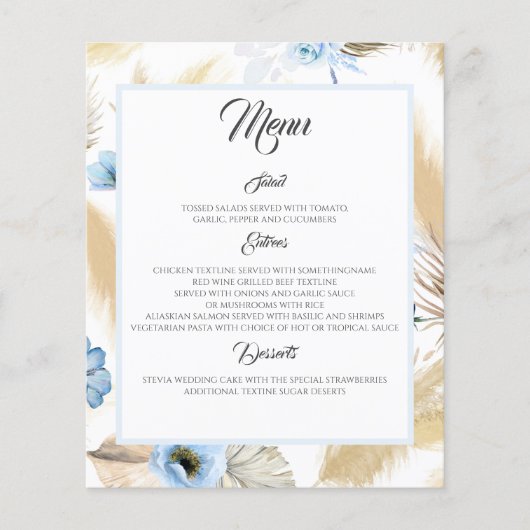 Dusty Blue Floral Pampas Grass Wedding Menu (Voorkant)