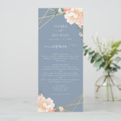 Dusty Blue Floral Peach Gold huwelijksreceptie Menu (Staand voorkant)