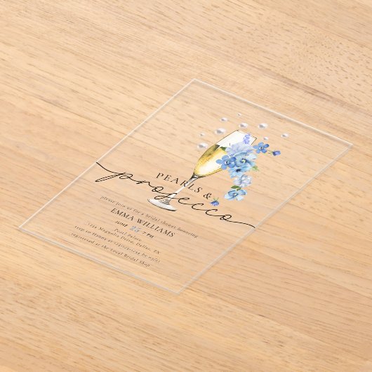 Dusty Blue Floral Pearls & Prosecco Vrijgezellenfe Acryl Uitnodigingen (Laagn)