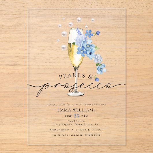 Dusty Blue Floral Pearls & Prosecco Vrijgezellenfe Acryl Uitnodigingen (Voorkant)