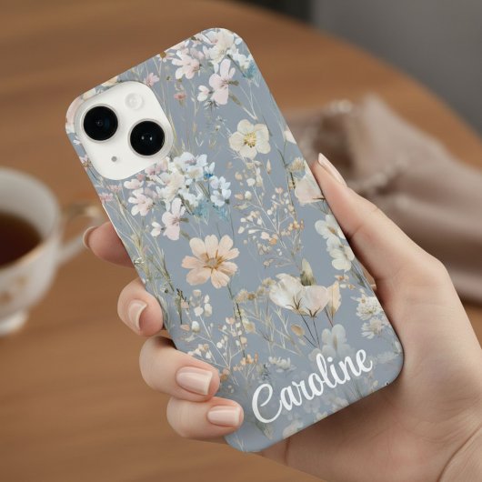 Dusty Blue Floral Personalized  iPhone Hoesje