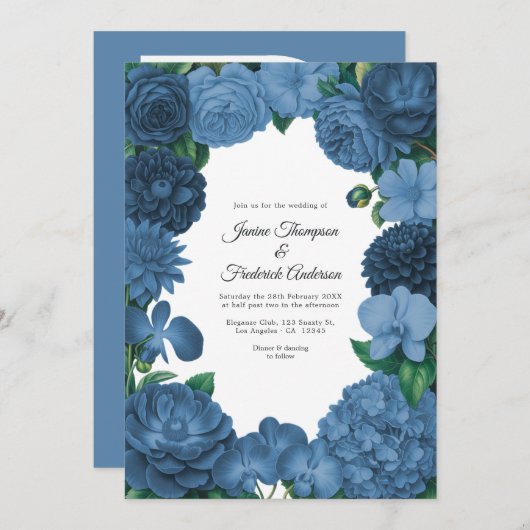 Dusty Blue Floral Photo and QR Code Wedding Kaart (Voorkant / Achterkant)