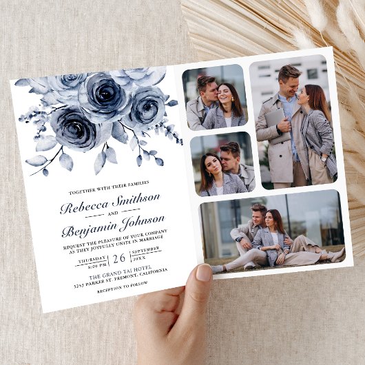 Dusty Blue Floral Photo Collage QR Code Wedding