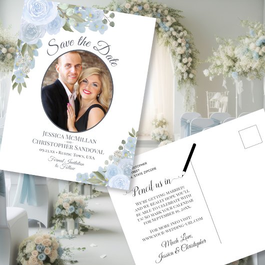 Dusty Blue Floral & Photo Wedding Save the Date Aankondigingskaart