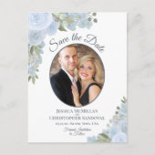 Dusty Blue Floral & Photo Wedding Save the Date Aankondigingskaart (Voorkant)