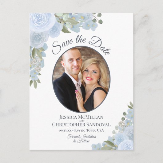 Dusty Blue Floral & Photo Wedding Save the Date Aankondigingskaart (Voorkant)