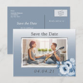 Dusty blue floral photobruiloft Save the Date Aankondigingskaart (Voorkant / Achterkant)