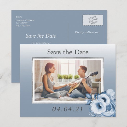 Dusty blue floral photobruiloft Save the Date Aankondigingskaart (Voorkant / Achterkant)