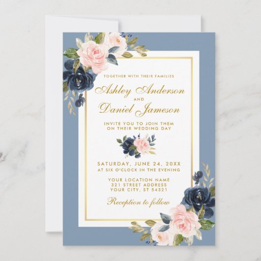 Dusty Blue Floral Pink Blush Gold Lijst Weddenscha Kaart (Voorkant)