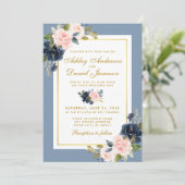 Dusty Blue Floral Pink Blush Gold Lijst Weddenscha Kaart (Staand voorkant)