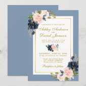 Dusty Blue Floral Pink Blush Gold Lijst Weddenscha Kaart (Voorkant / Achterkant)