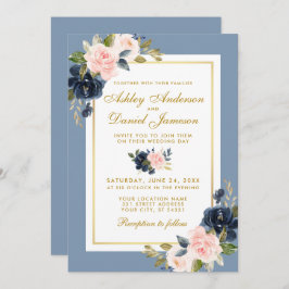 Dusty Blue Floral Pink Blush Gold Lijst Weddenscha Kaart