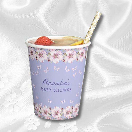 Dusty Blue Floral Pink Butterfly Baby shower Papieren Bekers