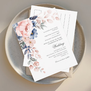 Dusty Blue Floral Pink Waterverf Bloom Wedding Uitnodiging Briefkaart