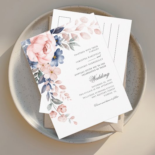 Dusty Blue Floral Pink Waterverf Bloom Wedding Uitnodiging Briefkaart