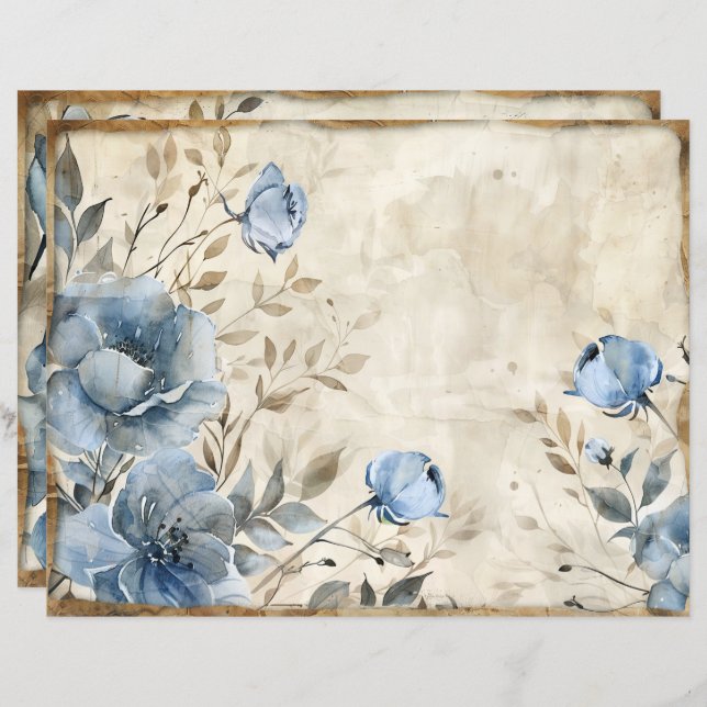 Dusty Blue Floral  plakboekpapier (Voorkant / Achterkant)
