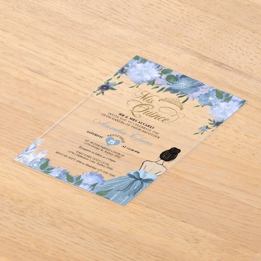 Dusty Blue Floral Prinses Mis Quince Quinceañera Acryl Uitnodigingen (Laagn)