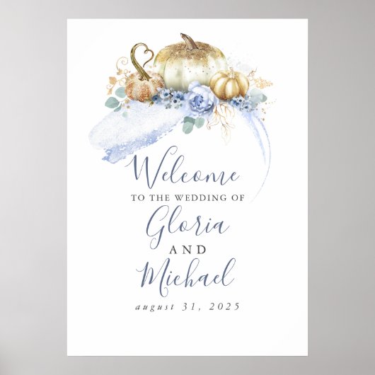 Dusty Blue Floral Pumpkins Fall Weddenschap Welkom Poster (Voorkant)