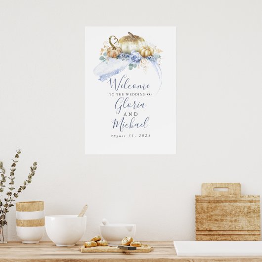 Dusty Blue Floral Pumpkins Fall Weddenschap Welkom Poster (Keuken)