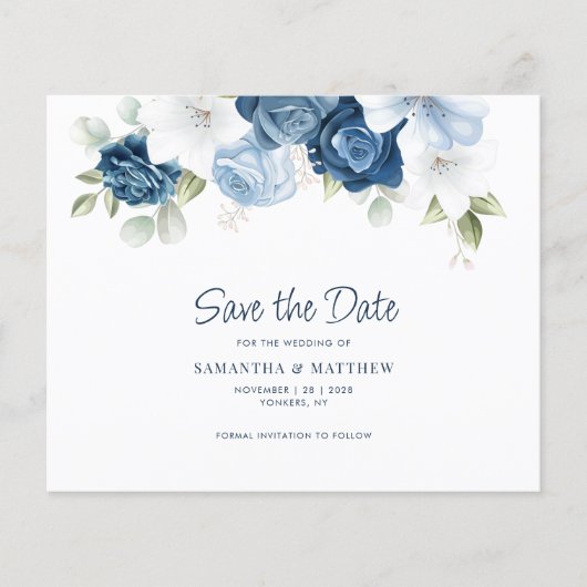 Dusty Blue Floral QR Code Bruiloft Save the Date (Voorkant)