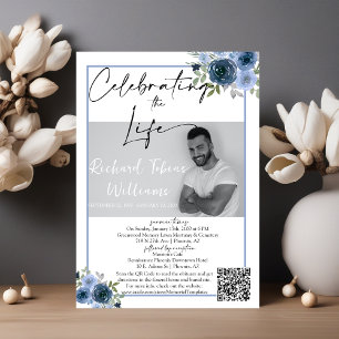 Dusty Blue Floral QR Code Memorial Foto Funeral Kaart